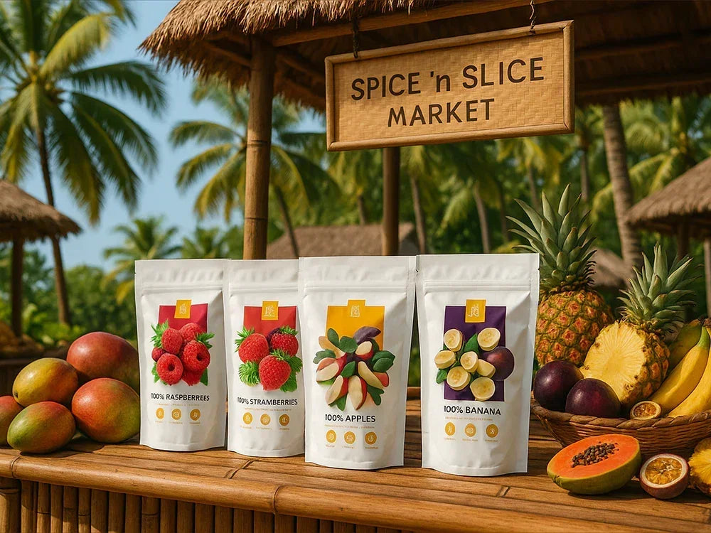 Spice 'n Slice Market stand with tropical fruits and packaged dried fruit snacks outdoors