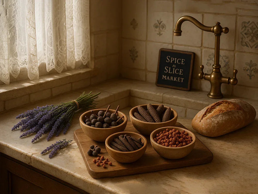 Wooden bowls of Kampot pepper and organic spices on a kitchen counter with bread and lavender, Spice n Slice Market sign in background.