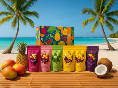 Assorted Nutei smoothie packs with tropical fruits on a beach with palm trees and ocean