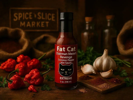 Fat Cat scorpion pepper hot sauce bottle with garlic, spices, and peppers on a rustic table
