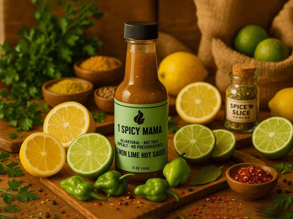 Lemon lime hot sauce bottle surrounded by fresh lemons, limes, spices, and chili peppers