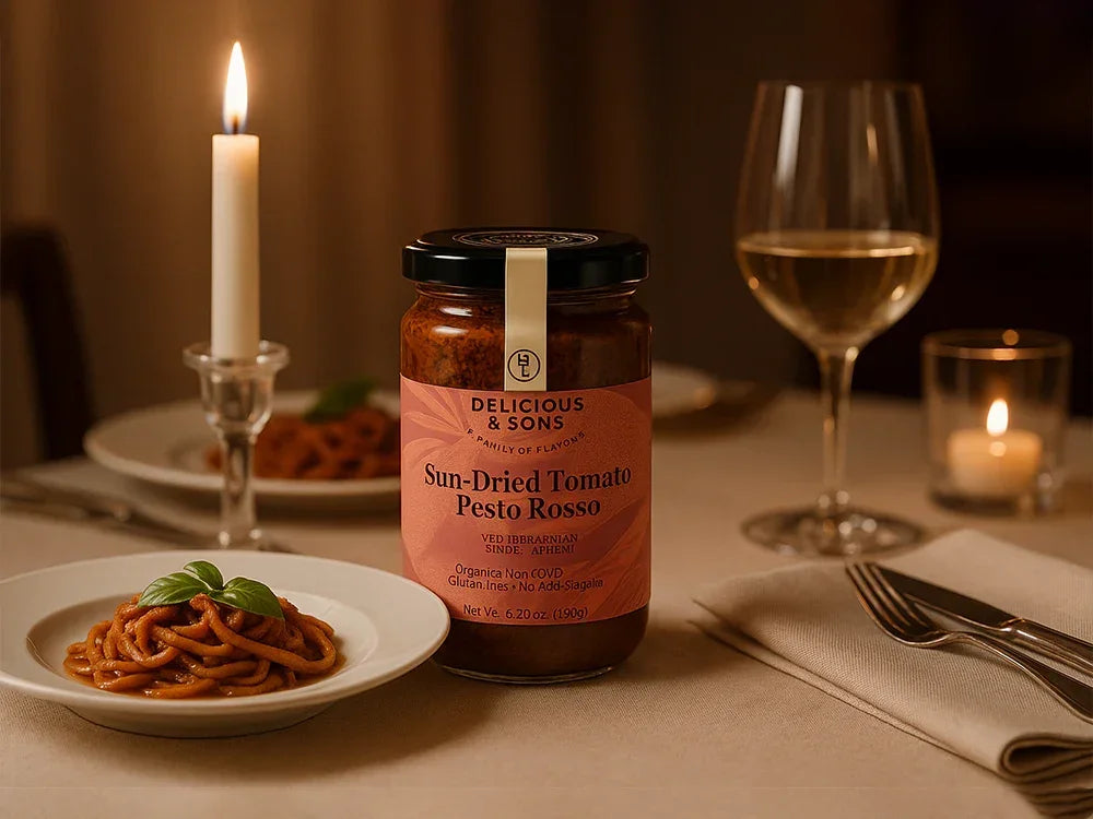 Sun-Dried Tomato Pesto Rosso jar on elegant dinner table with pasta, wine, and candles