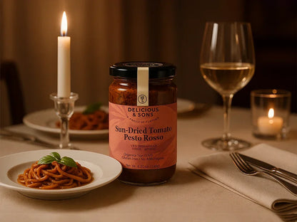 Sun-Dried Tomato Pesto Rosso jar on elegant dinner table with pasta, wine, and candles