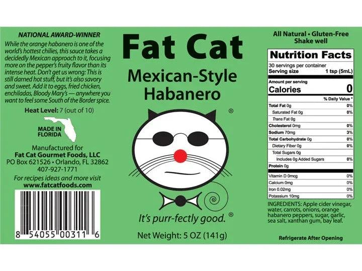 Fat Cat Mexican-Style Habanero hot sauce label with cartoon cat and nutrition facts