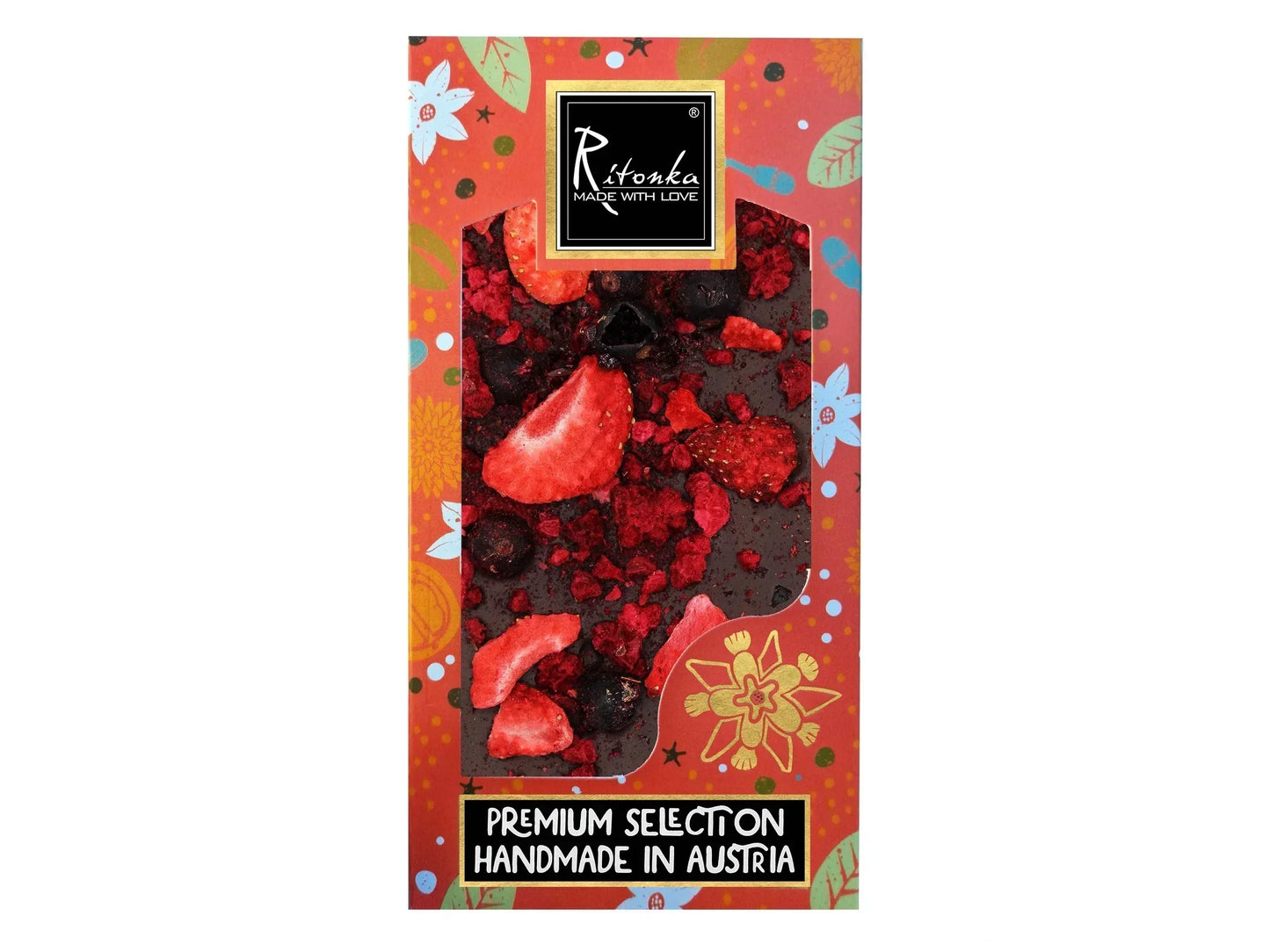 Premium handmade chocolate bar topped with freeze-dried berries in decorative box