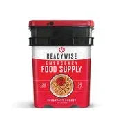 ReadyWise emergency food supply bucket with red and black packaging for long-term storage