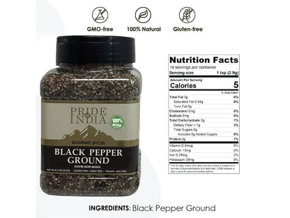 Pride of India black pepper ground spice jar with nutrition facts, labeled GMO-free, gluten-free, 100% natural