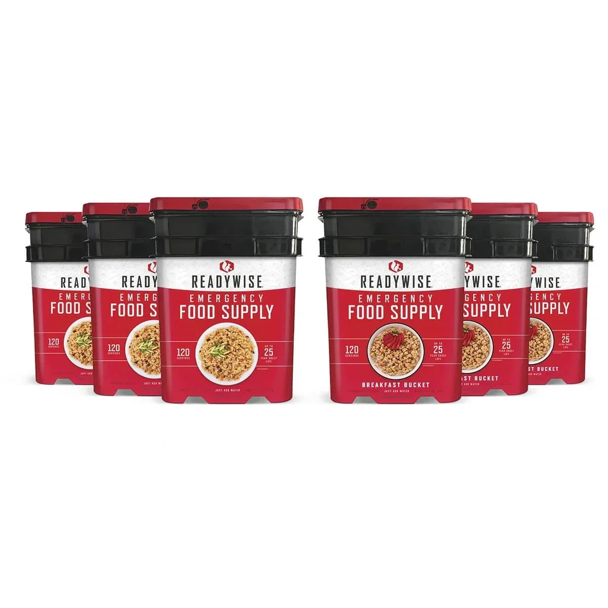 Six ReadyWise emergency food supply buckets with breakfast meals, 120 servings each.