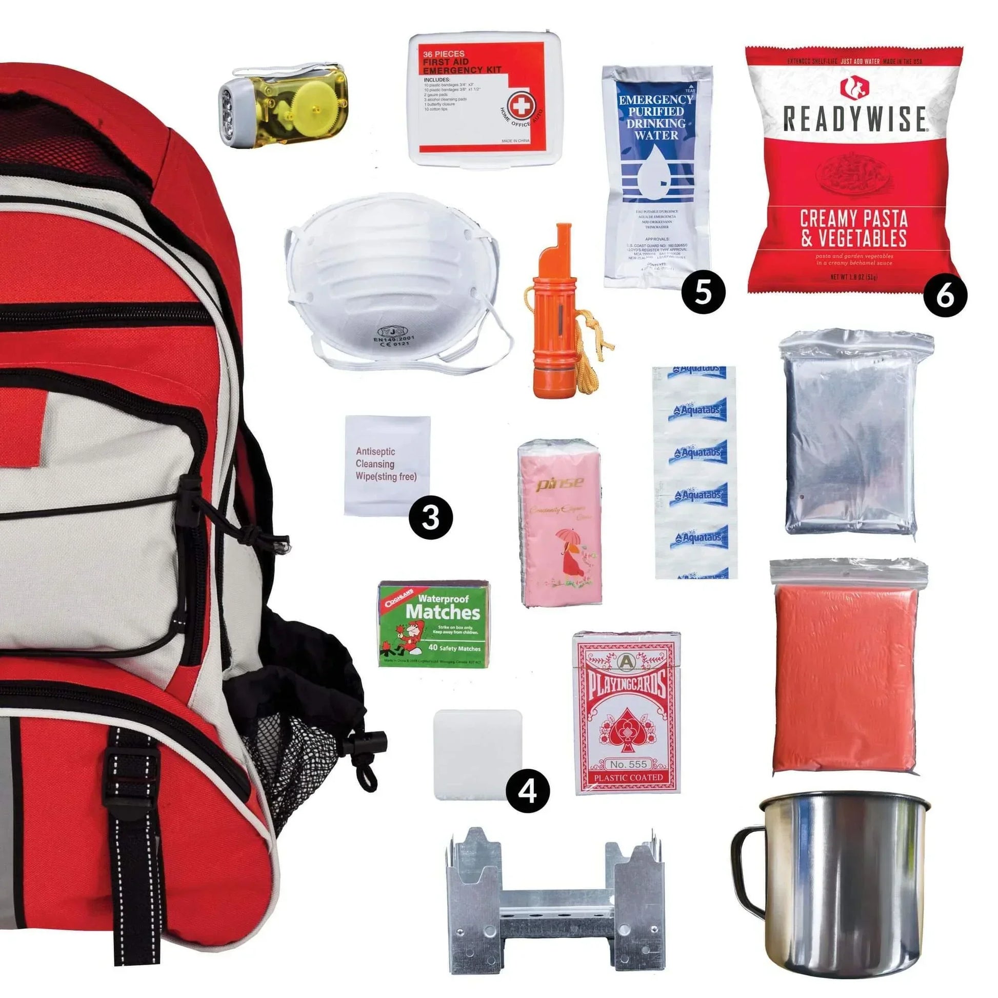 Emergency survival kit with red backpack, food, water, face mask, matches, and supplies