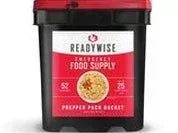 ReadyWise emergency food supply bucket with red label and meal image on front