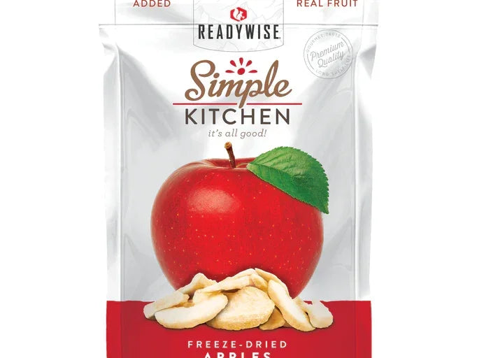 Freeze-dried apples snack pouch with red apple and apple slices on white background