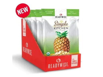 Display box of ReadyWise Simple Kitchen dried pineapple, organic snack, no sugar added