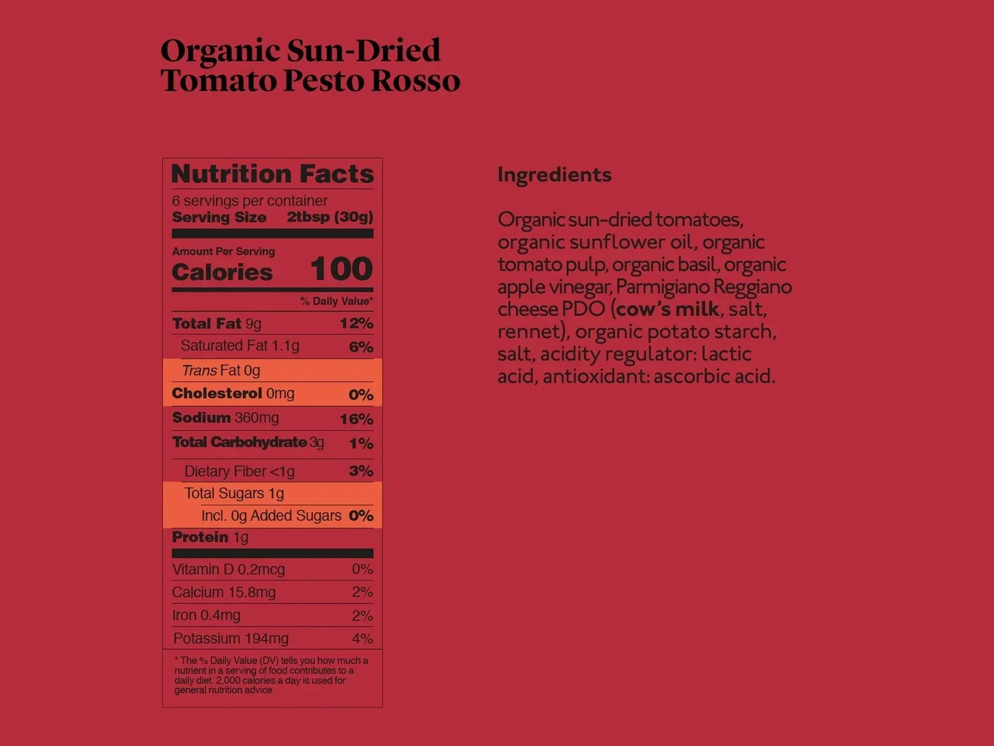 Organic sun-dried tomato pesto rosso nutrition facts and ingredients label on red background