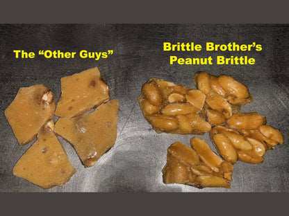 Comparison of peanut brittle varieties on dark background, highlighting nut content and texture differences.
