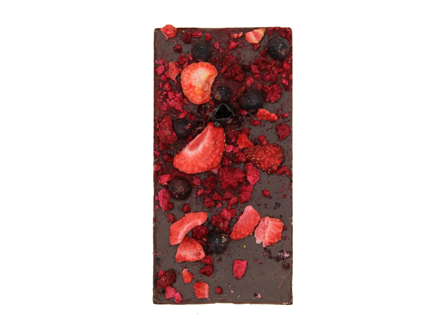 Dark chocolate bar topped with dried strawberries and blueberries on black background