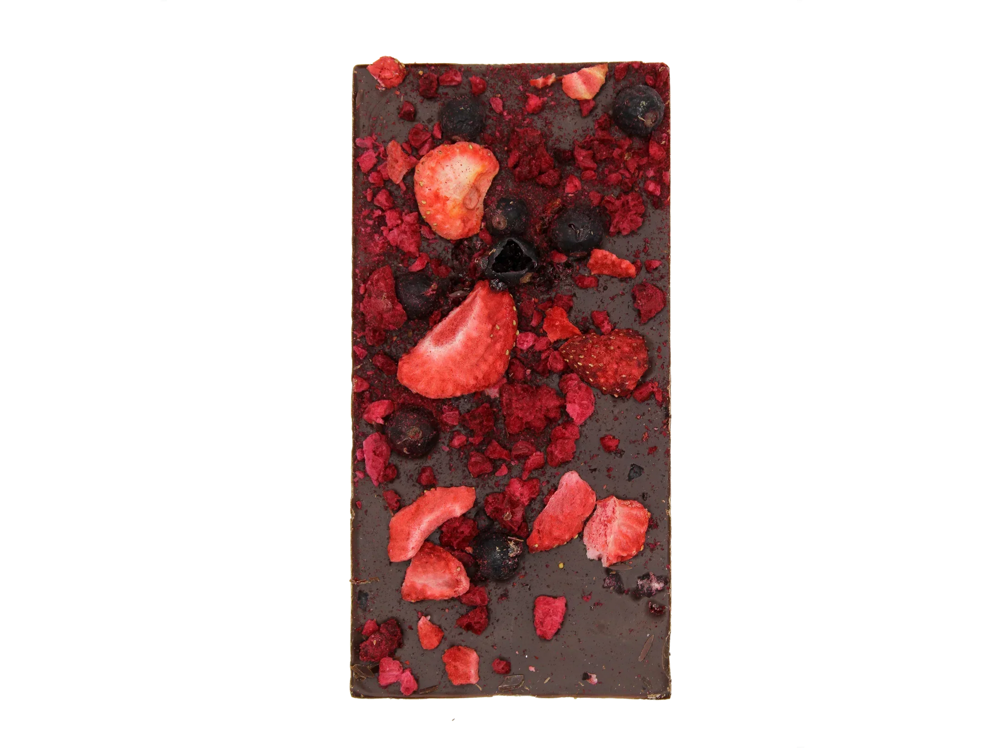Dark chocolate bar topped with dried strawberries and blueberries on black background