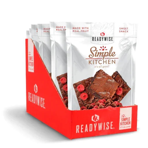 Display box of ReadyWise Simple Kitchen brownie snack packs with raspberries, sweet treat