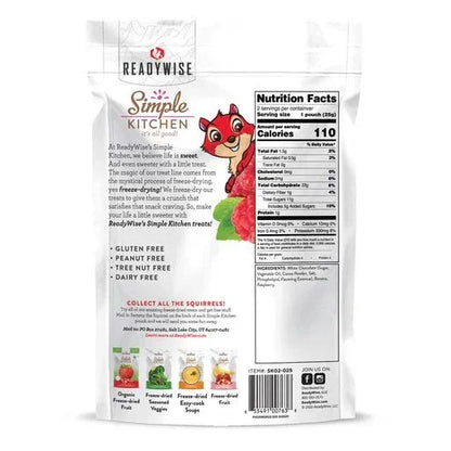 Back of ReadyWise Simple Kitchen dried fruit snack pouch with nutrition facts and squirrel cartoon