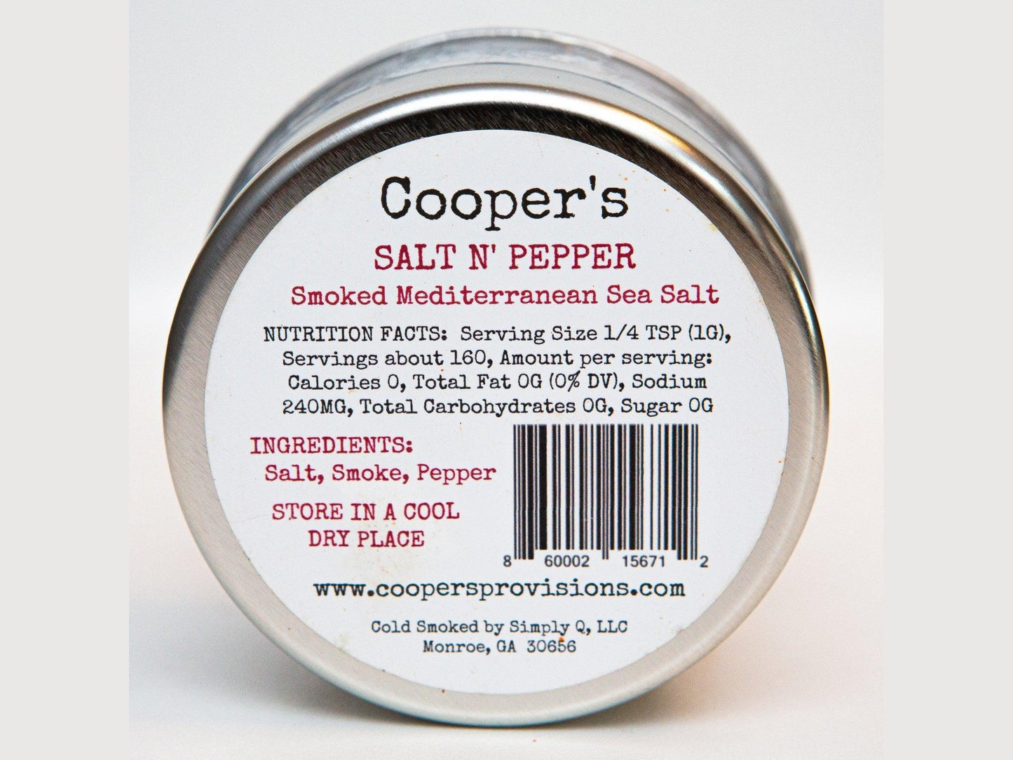 Tin of smoked Mediterranean sea salt and pepper with ingredients and nutrition label visible