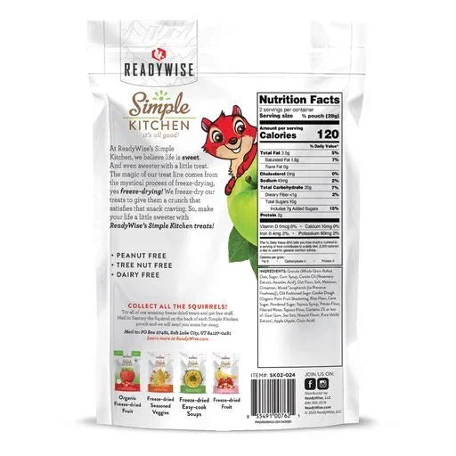 Back of ReadyWise Simple Kitchen freeze-dried fruit snack pouch, nutrition facts visible.