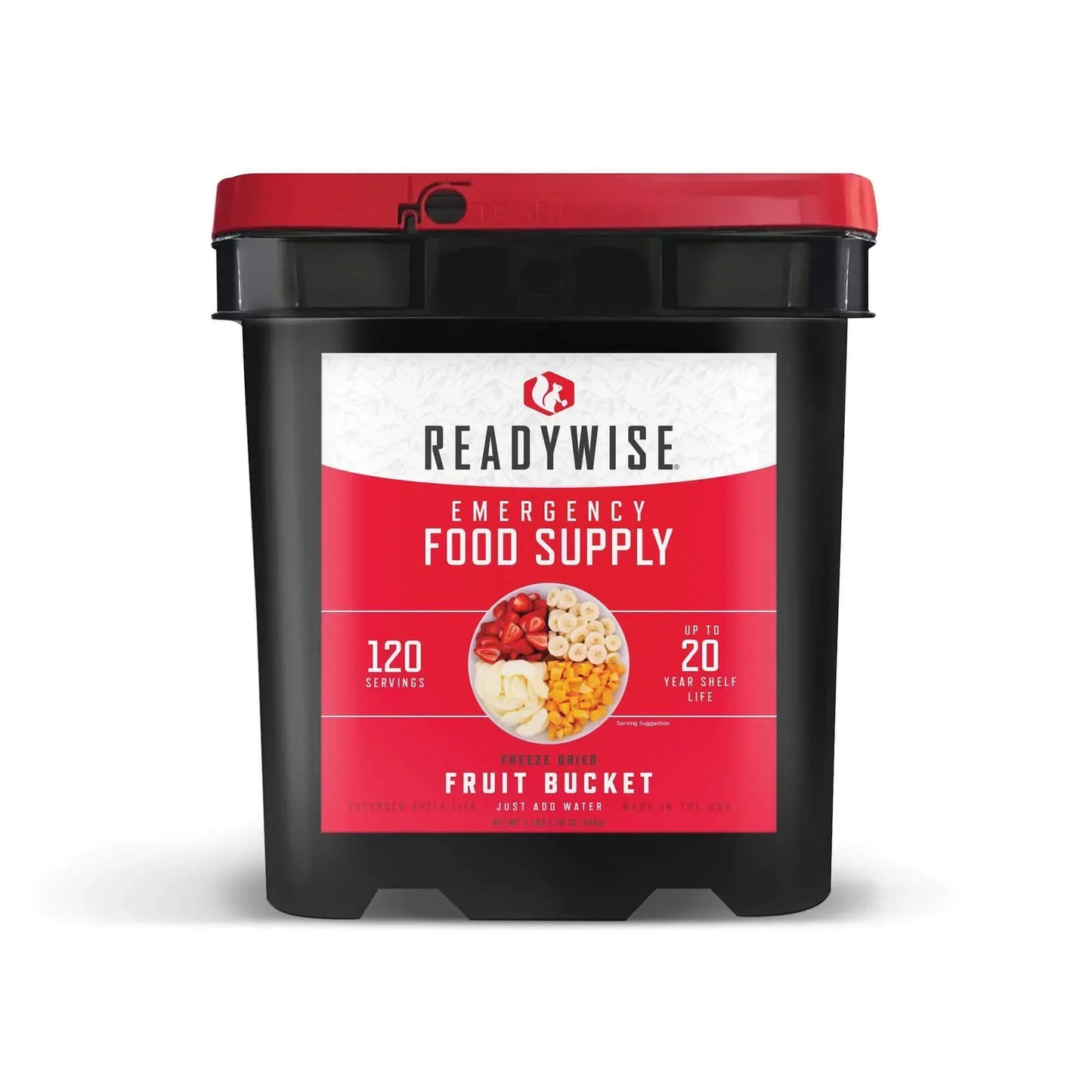 ReadyWise emergency food supply bucket with freeze dried fruit, 120 servings, 20-year shelf life