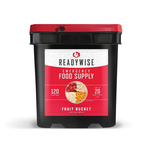 ReadyWise emergency food supply bucket with freeze dried fruit, 120 servings, 20-year shelf life