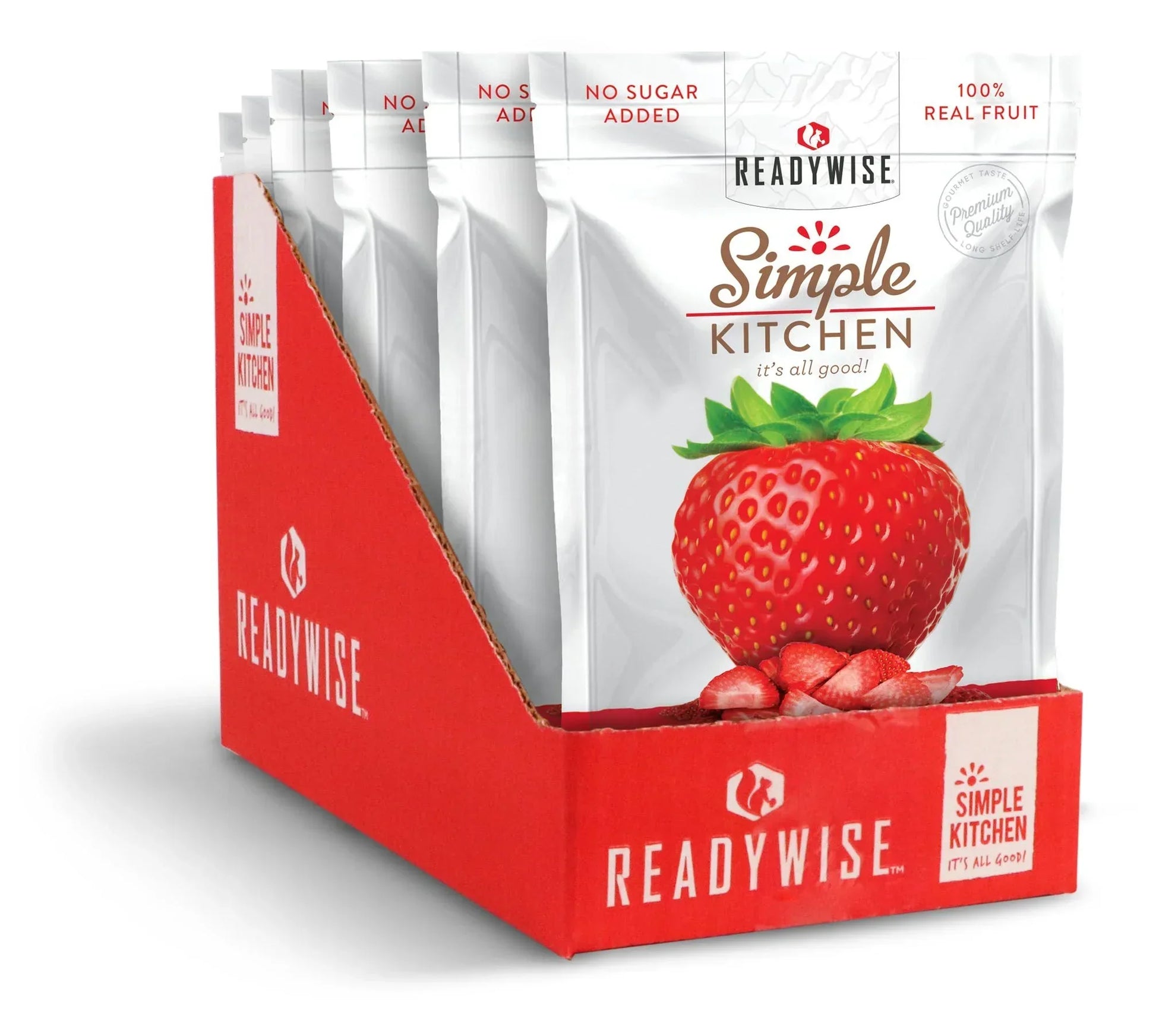 Box of ReadyWise Simple Kitchen freeze-dried strawberries, no sugar added, 100% real fruit.