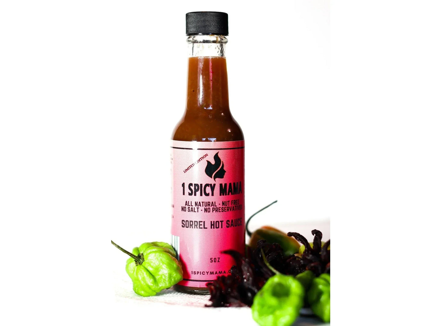 Sorrel hot sauce bottle with green peppers and dried sorrel, all natural gourmet condiment