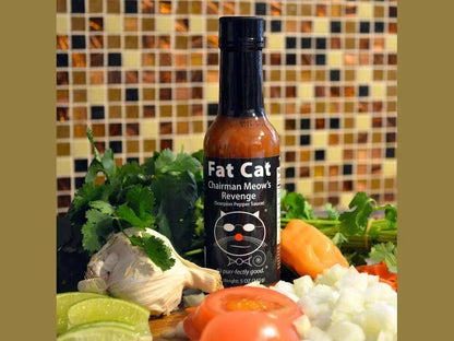 Fat Cat Chairman Meow’s Revenge scorpion pepper hot sauce with fresh garlic, cilantro, tomato, and lime