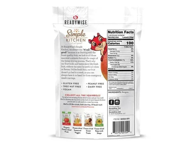Back of ReadyWise Simple Kitchen freeze-dried mangoes package with nutrition facts, allergen info, and product images.