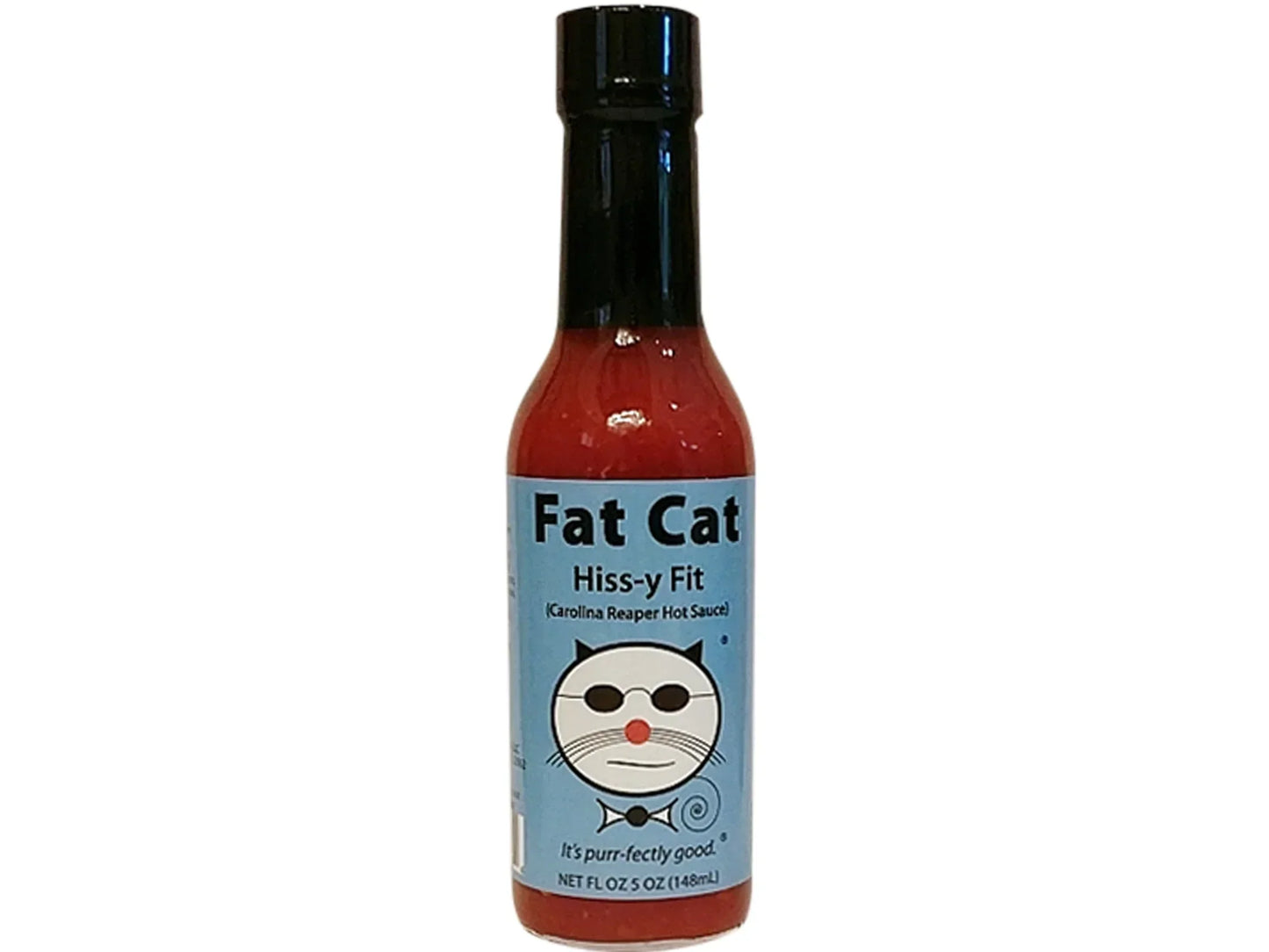 Fat Cat Hiss-y Fit Carolina Reaper hot sauce bottle with blue label and cat illustration