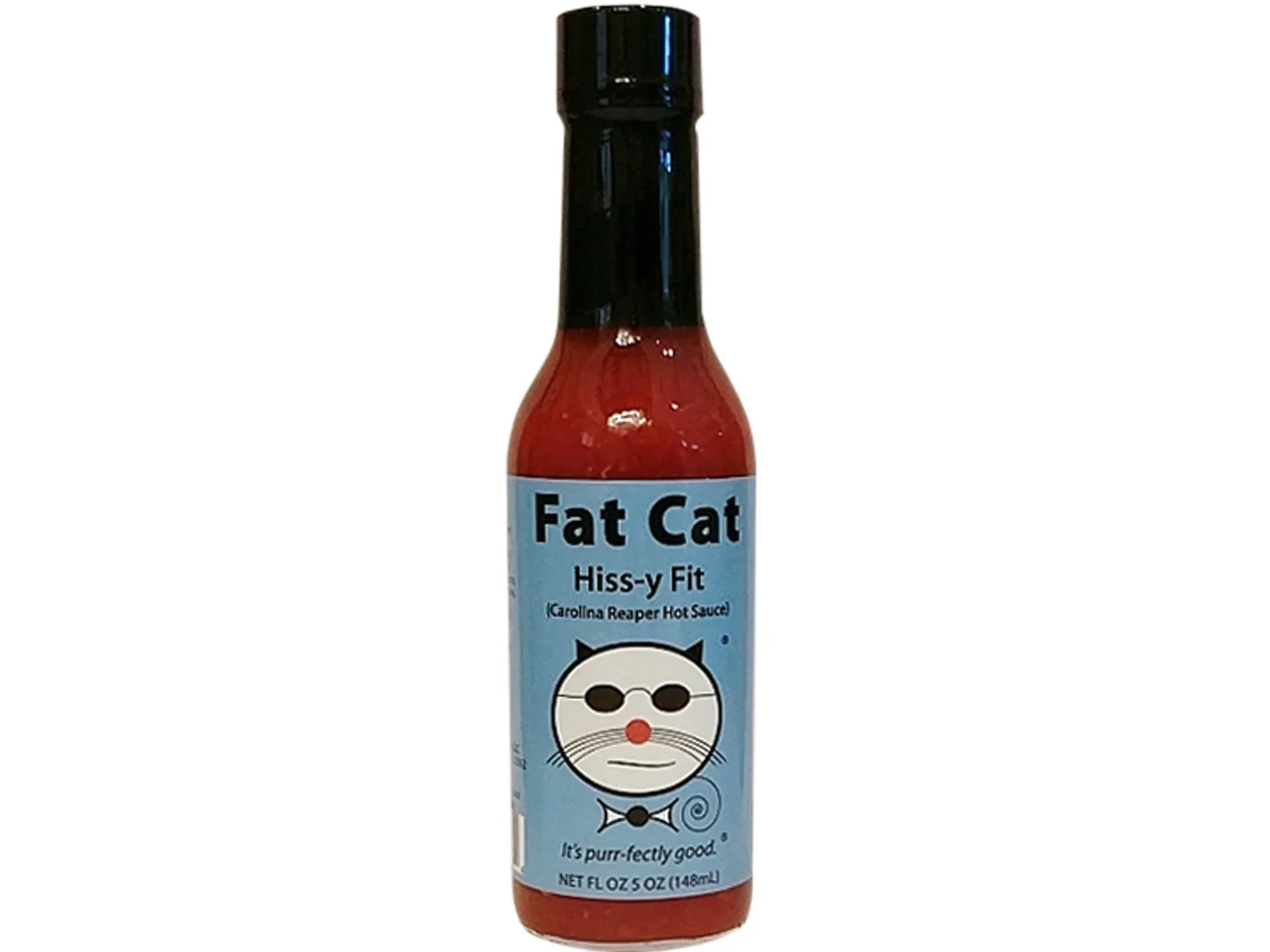 Fat Cat Hiss-y Fit Carolina Reaper hot sauce bottle with blue label and cat illustration