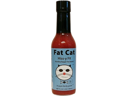 Fat Cat Hiss-y Fit Carolina Reaper hot sauce bottle with blue label and cat illustration