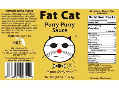 Fat Cat Purry-Purry Sauce label with cat logo, ingredients, nutrition facts, and spice level info.