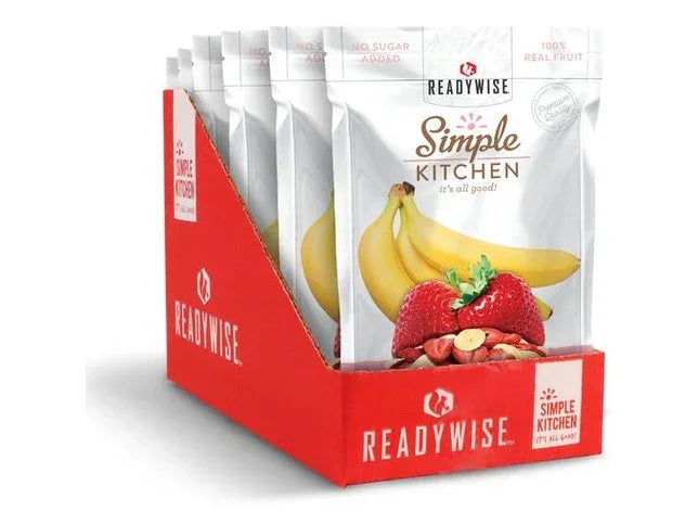 Box of ReadyWise Simple Kitchen freeze-dried fruit snack packs with strawberries and bananas.