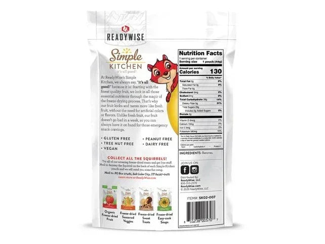 Back of ReadyWise Simple Kitchen freeze-dried bananas pouch showing nutrition facts, ingredients, and dietary info.