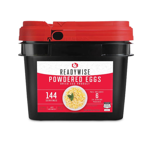 Black plastic pail of ReadyWise powdered eggs, 144 servings, dried egg product label