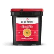 Black and red emergency food supply storage bucket with printed label on white background