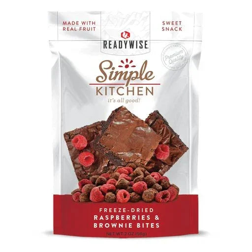 Freeze-dried raspberry and brownie bites snack in resealable package with visible brownies and raspberries on front