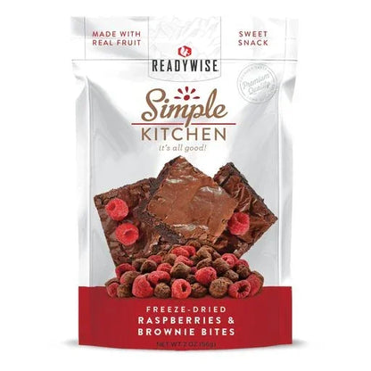 Freeze-dried raspberry and brownie bites snack in resealable package with visible brownies and raspberries on front