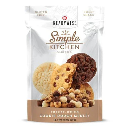 Freeze-dried cookie dough medley snack pack with assorted cookies and chocolate chips
