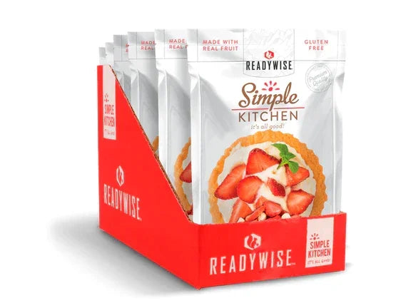 Display box of ReadyWise Simple Kitchen gluten-free freeze-dried strawberry snacks.