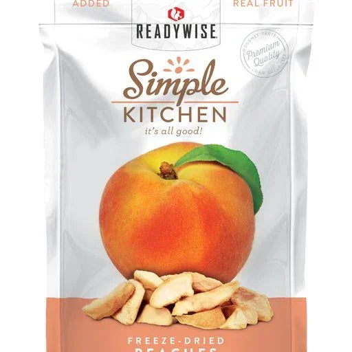 Freeze-dried peach slices in a resealable bag with a whole peach illustration