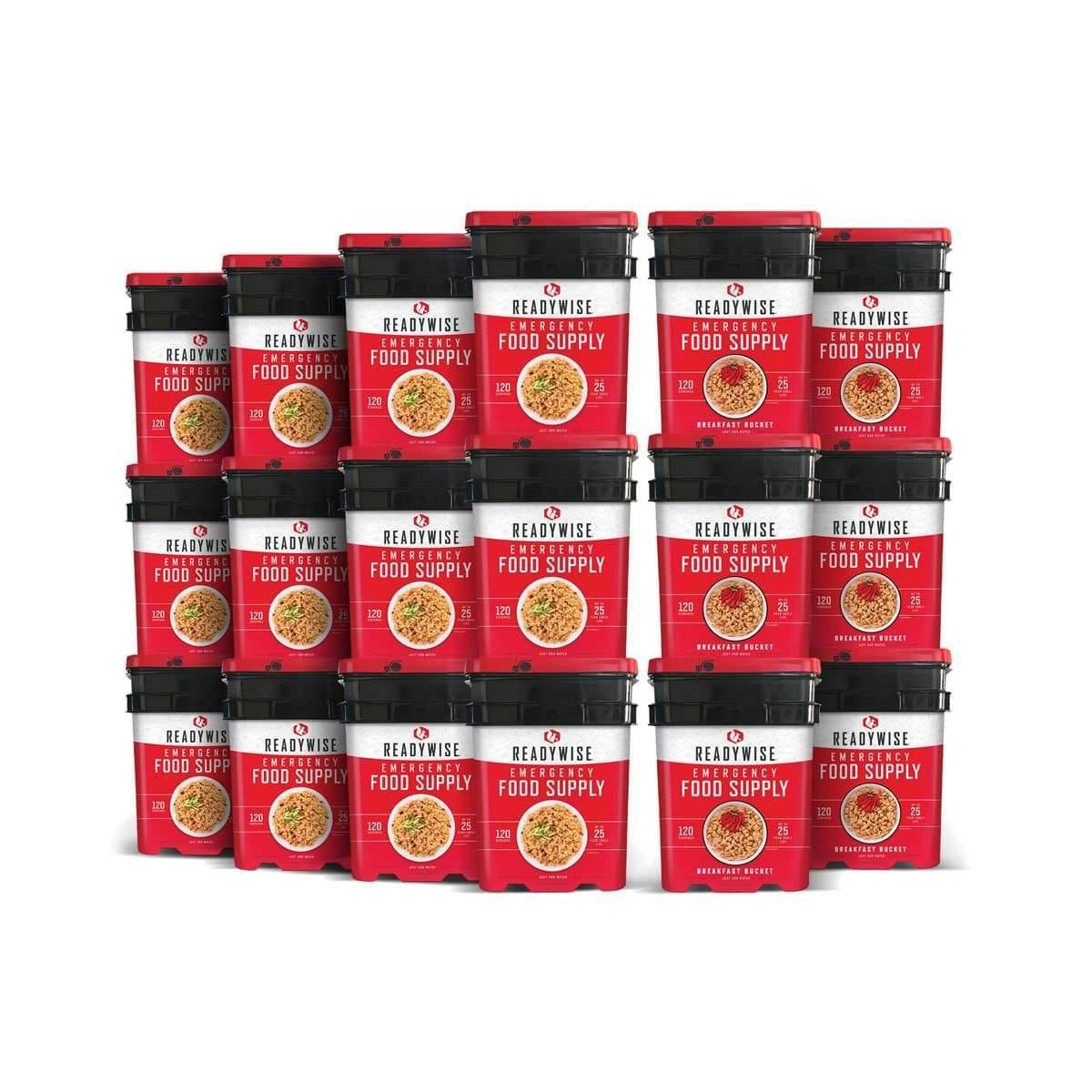 Stacked ReadyWise emergency food supply buckets with red labels, white background