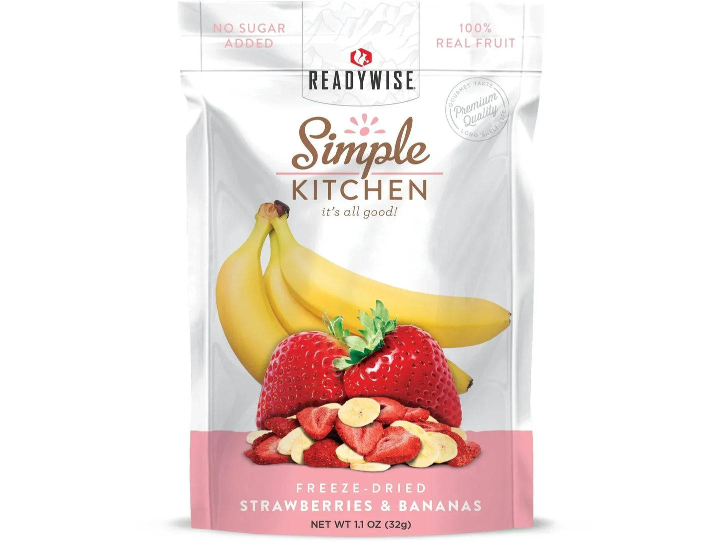 Freeze-dried strawberries and bananas snack pouch with fruit images on packaging