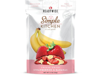 Freeze-dried strawberries and bananas snack pouch with fruit images on packaging