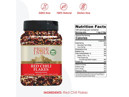 Pride of India red chili flakes jar with nutrition facts, labeled GMO-free, natural, gluten-free.