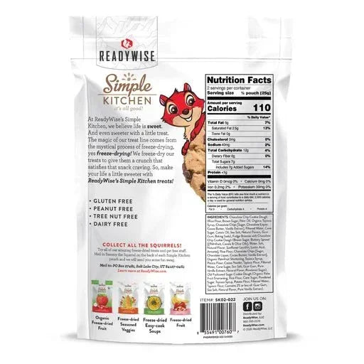 Back of ReadyWise Simple Kitchen dried fruit snack pouch with nutrition facts and illustrations.