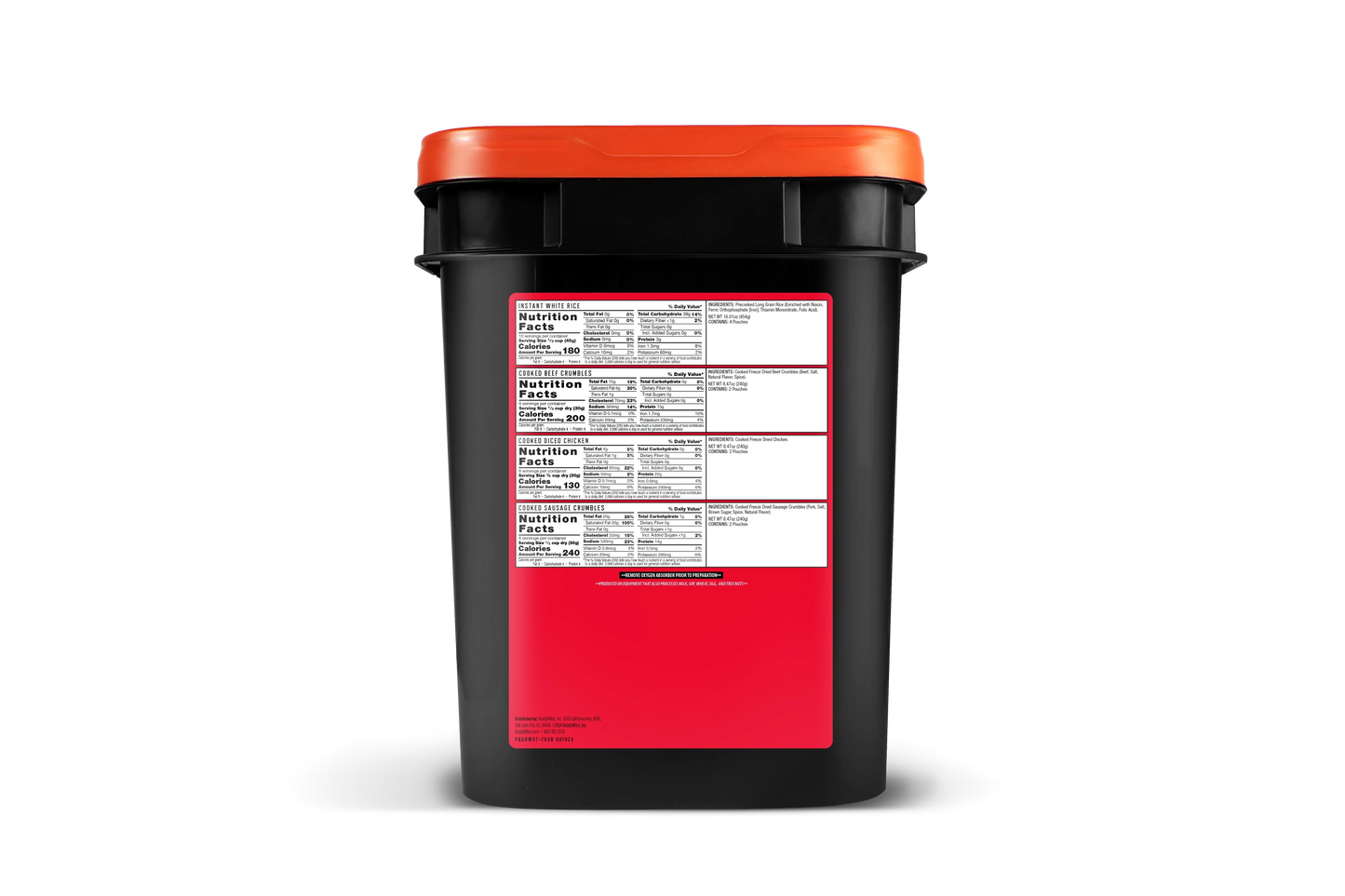 Large black food storage container with orange lid and visible nutrition facts label.