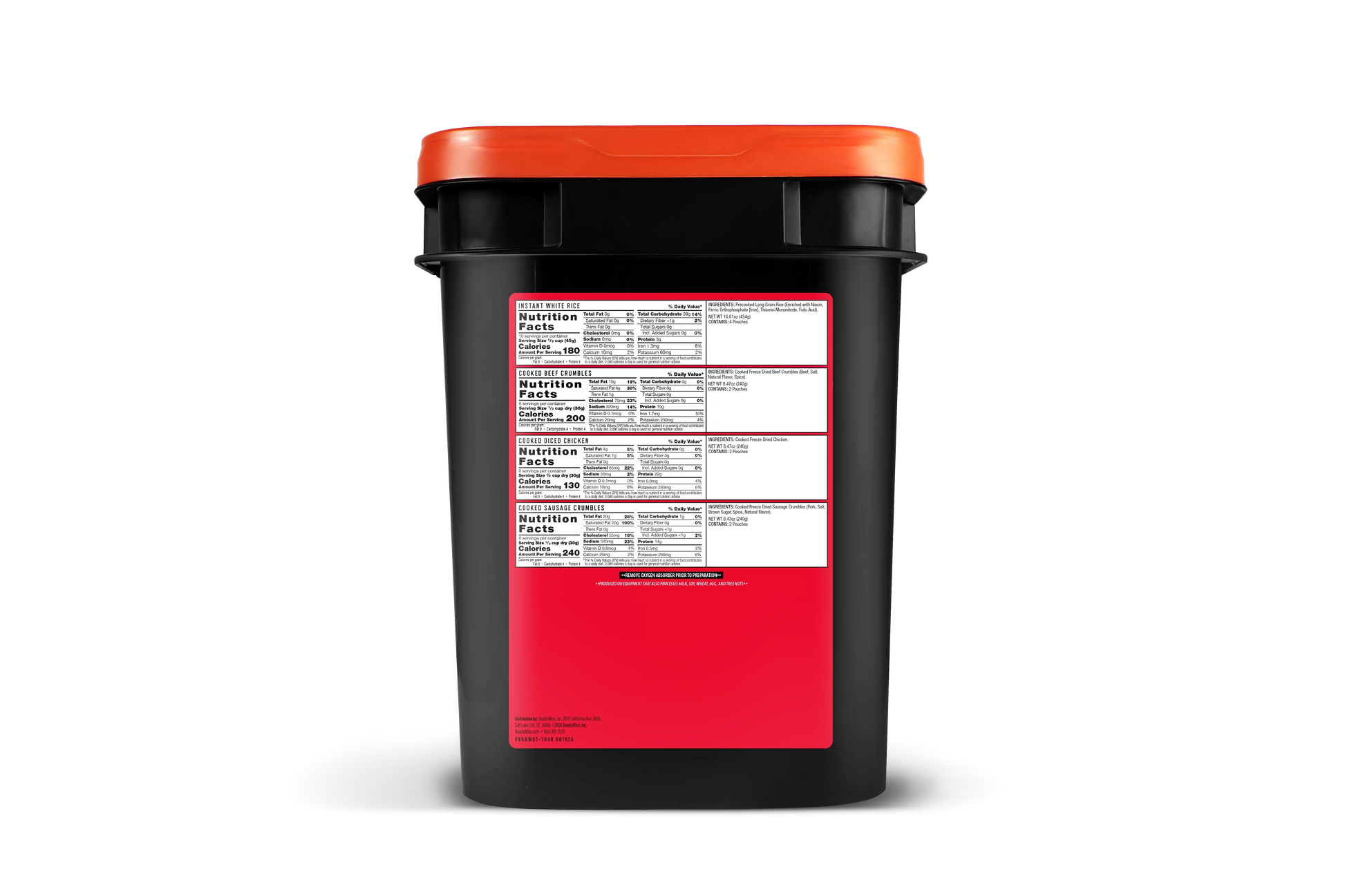 Large black food storage container with orange lid and visible nutrition facts label.